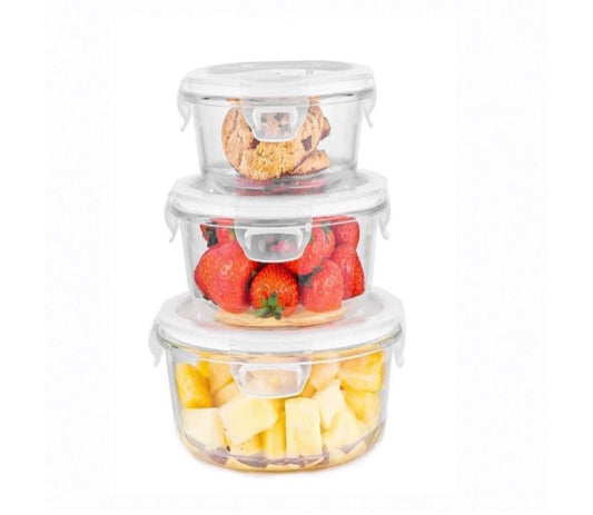 Round Airtight Glass Tupperware with Lids (Food Storage Containers Set of 3) - smartease