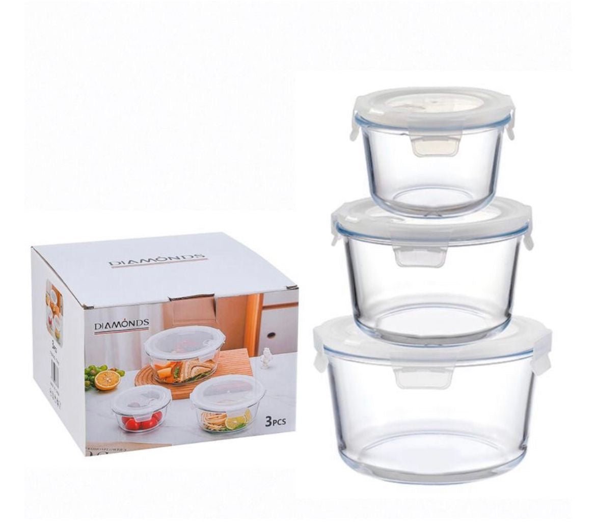 Round Airtight Glass Tupperware with Lids (Food Storage Containers Set of 3) - smartease